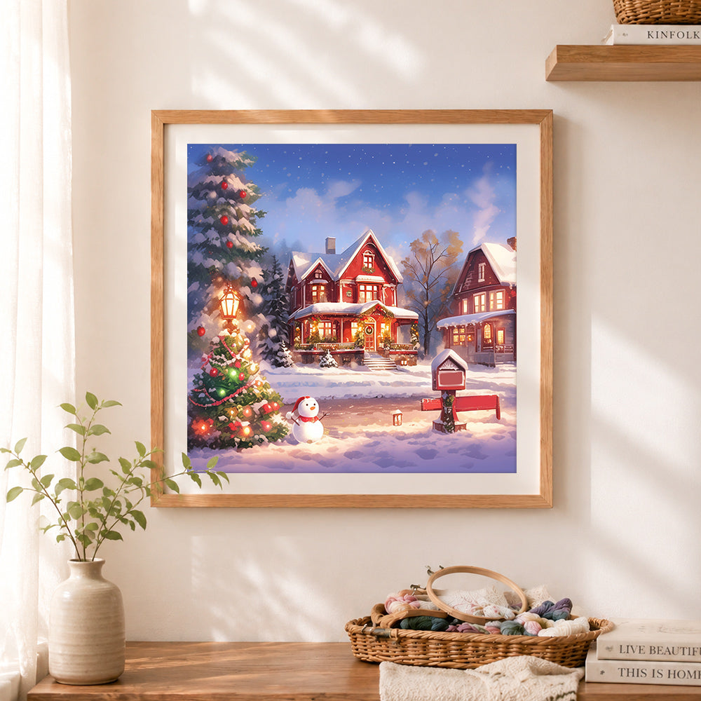 Finished cozy winter christmas town cross stitch artwork displayed as home decor