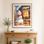 Finished cozy winter snowman scene cross stitch artwork displayed as home decor