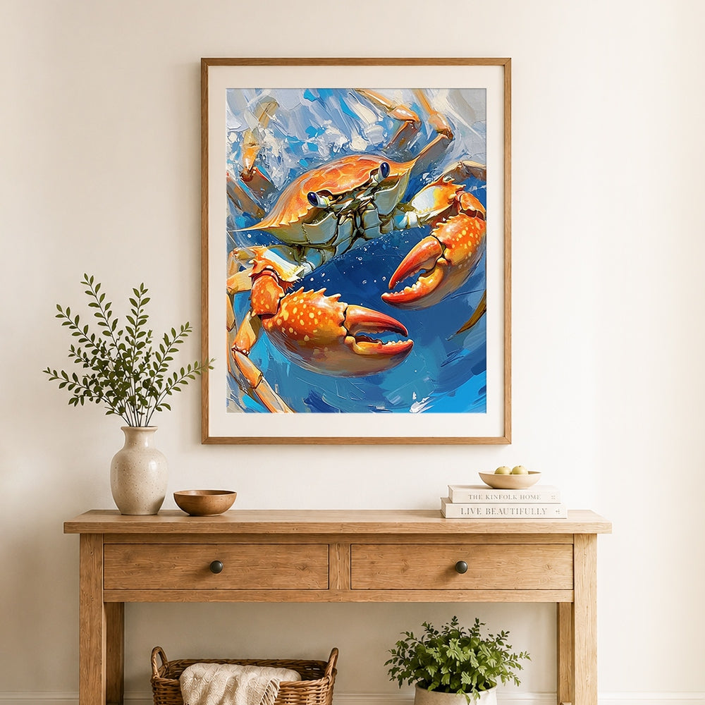 Finished crab in ocean water cross stitch artwork displayed as home decor