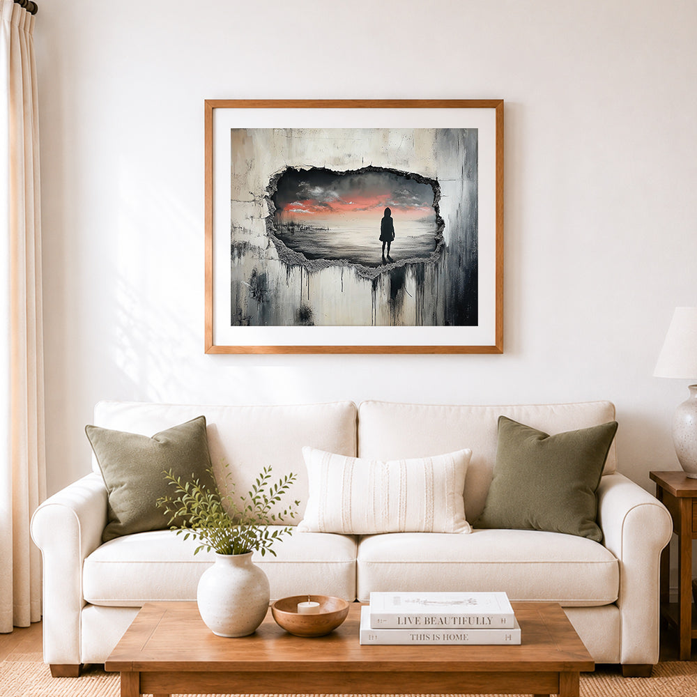 Finished cracked wall with coastal view cross stitch artwork displayed as home decor