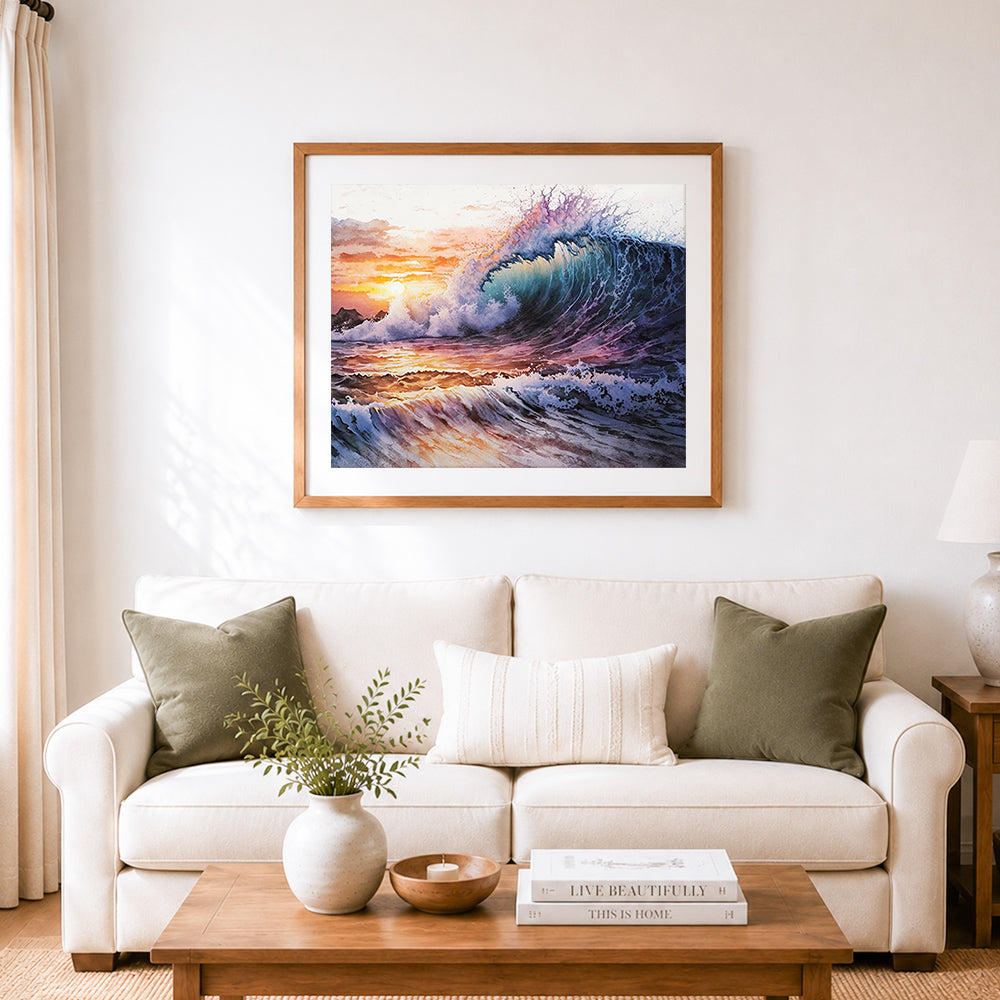 Finished crashing wave at sunset cross stitch artwork displayed as home decor