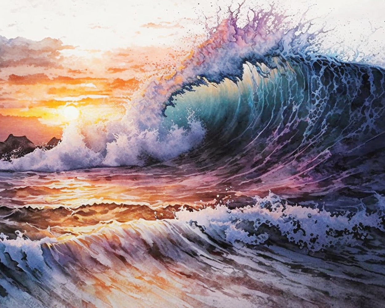 Crashing wave at sunset cross stitch kit for beginners