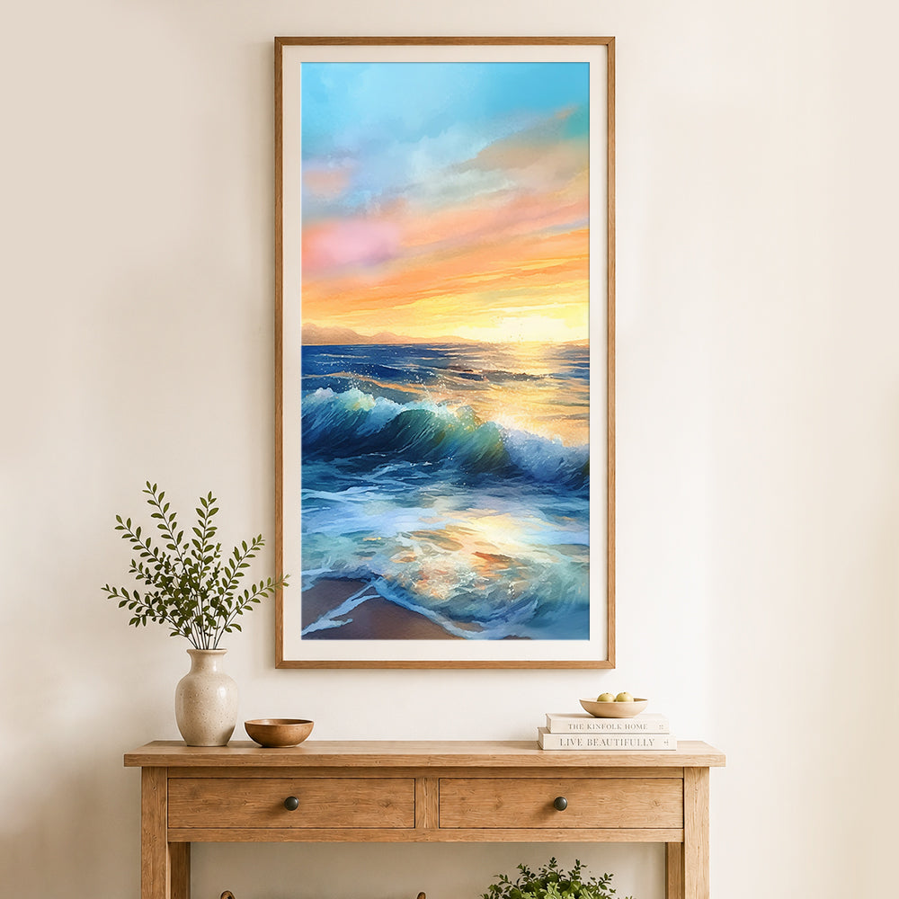 Finished crashing waves at sunrise beach cross stitch artwork displayed as home decor
