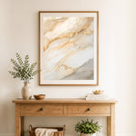 Finished cream beige golden marble cross stitch artwork displayed as home decor