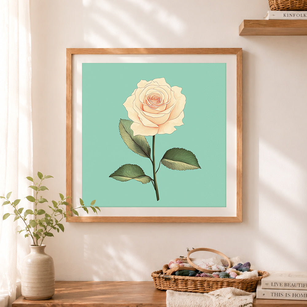 Finished cream‑toned vintage rose cross stitch artwork displayed as home decor