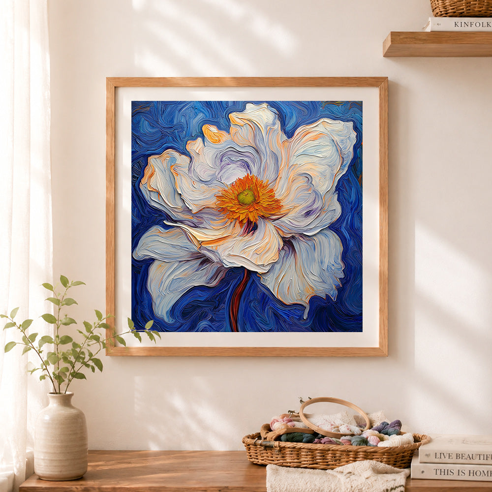 Finished creamy white flower on deep blue cross stitch artwork displayed as home decor