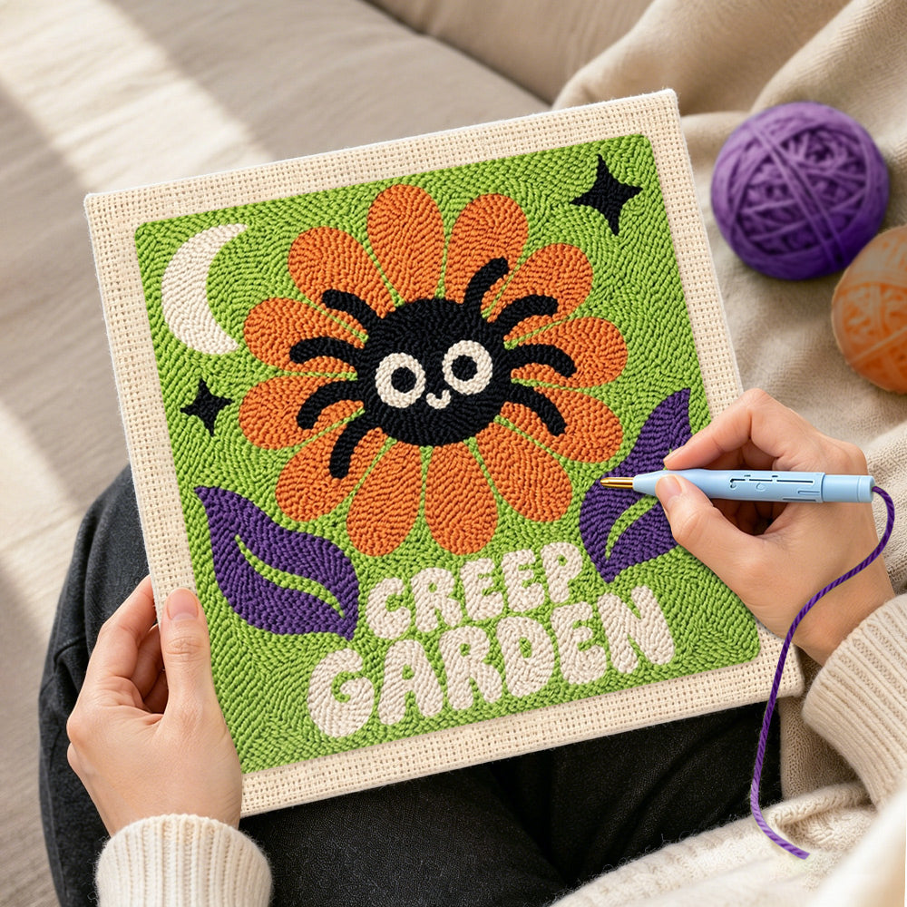 Creating handmade creep garden spider flower punch needle artwork