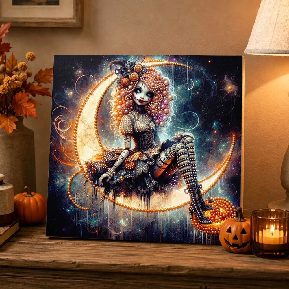 Finished creepy doll on crescent moon pearl diamond painting artwork displayed as holiday home decor