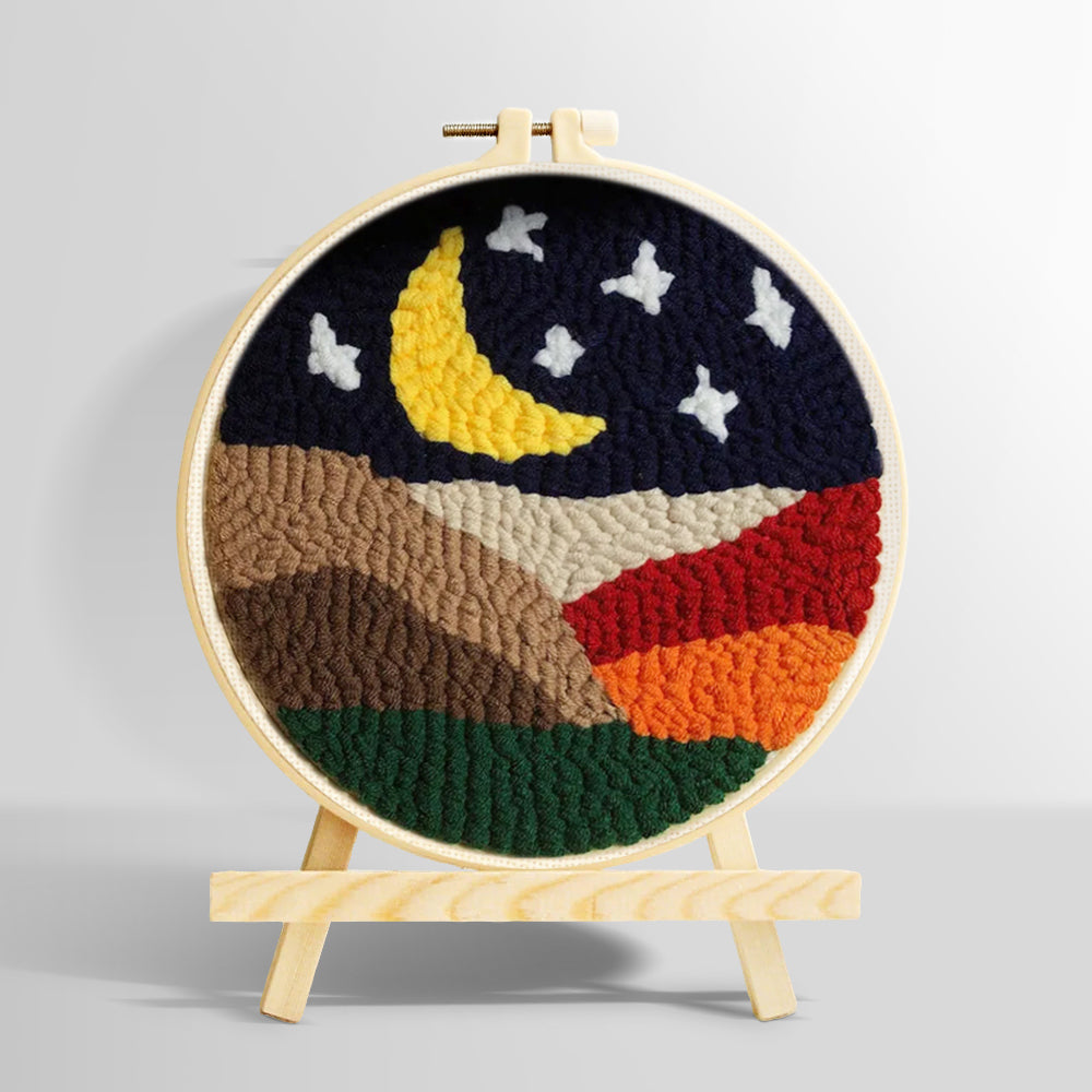 Crescent moon and white stars above the colorful mountains punch needle kit for beginners