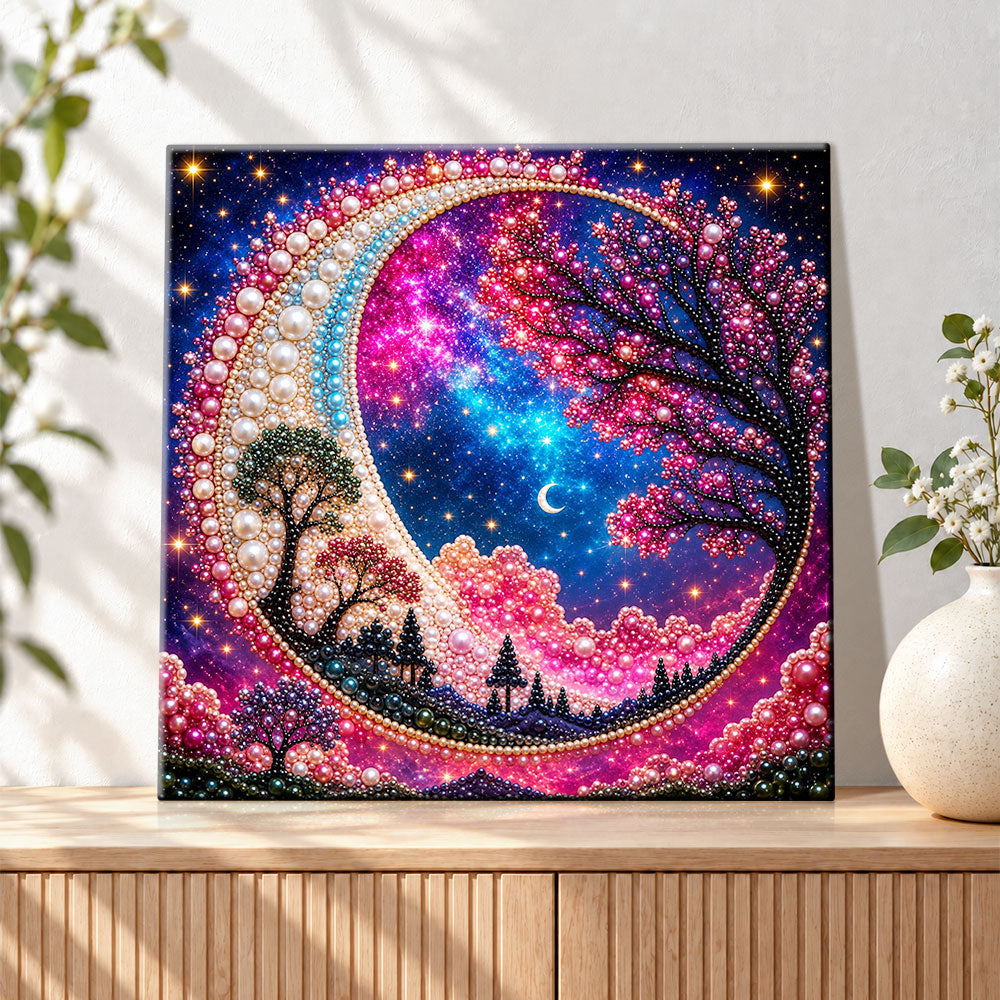 Finished crescent moon galaxy tree pearl diamond painting artwork displayed as holiday home decor