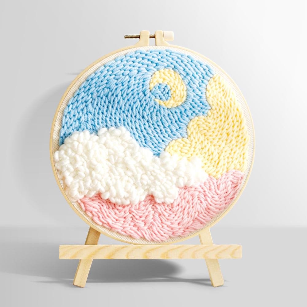 Crescent moon over colorful clouds punch needle kit for beginners
