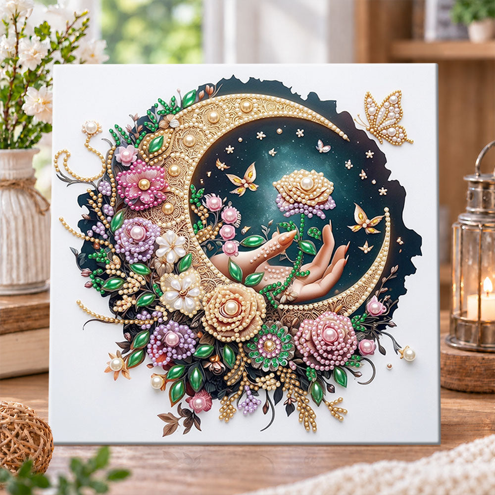 Crescent moon with floral hands pearl diamond painting kit for beginners