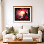 Finished crimson rose castle cross stitch artwork displayed as home decor
