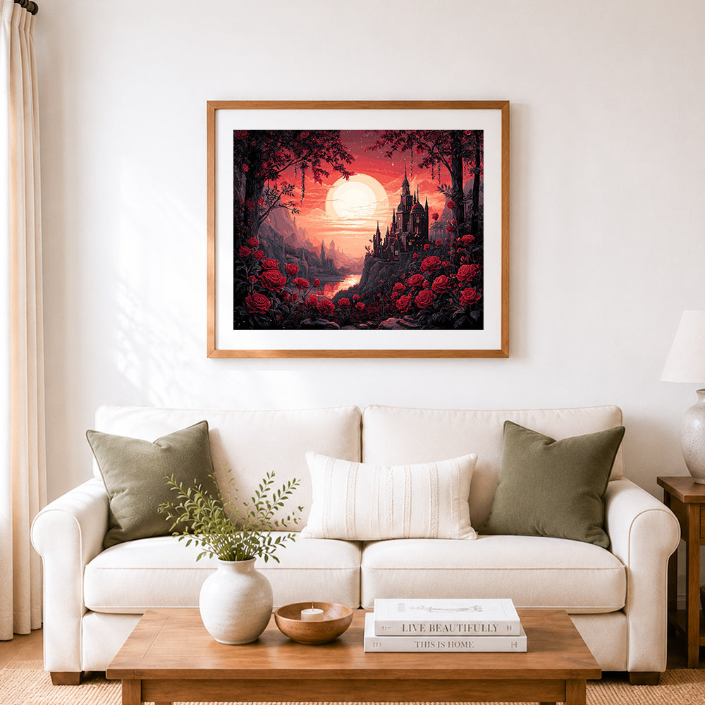 Finished crimson rose castle cross stitch artwork displayed as home decor