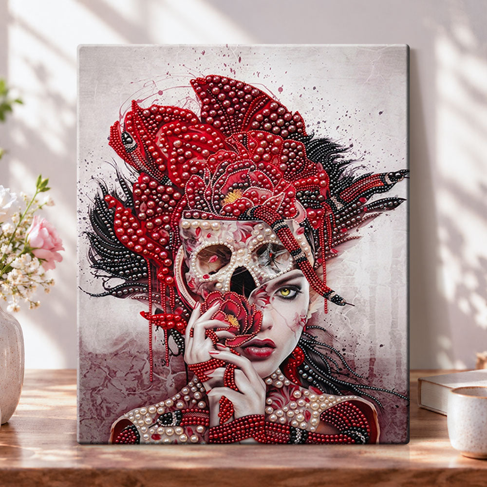 Crimson skull portrait pearl diamond painting kit for beginners