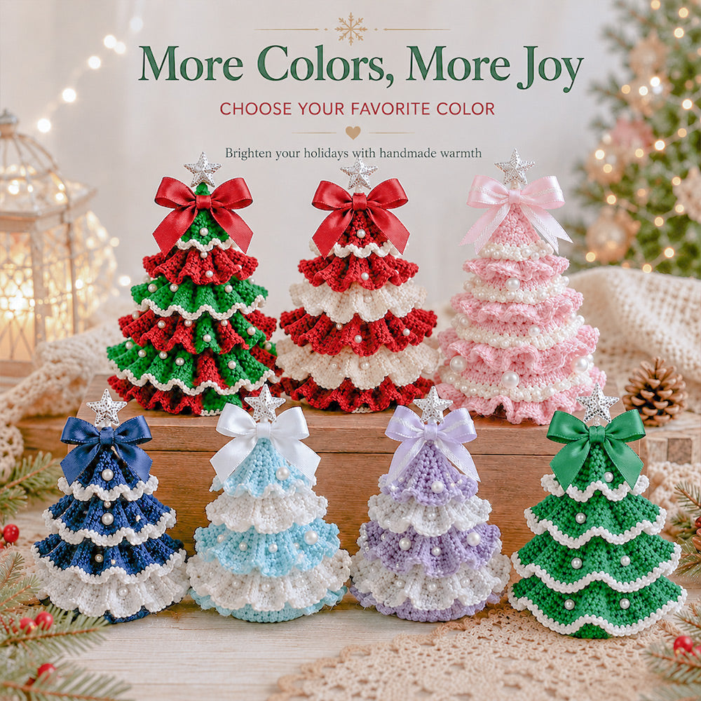 Crochet Christmas Tree Kits in multiple festive color options with layered crochet details and pearl decorations