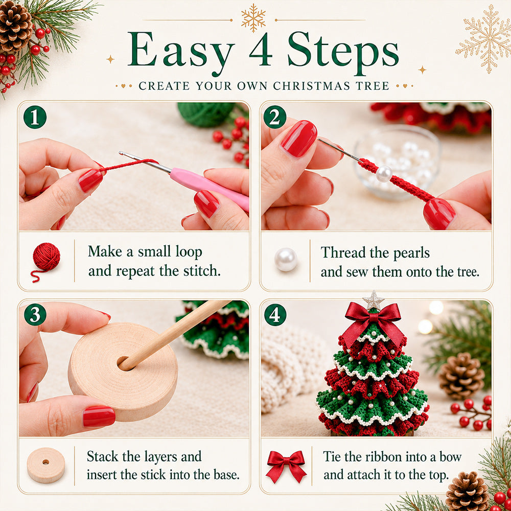 Easy four-step guide showing how to crochet, decorate and assemble the DIY Christmas tree