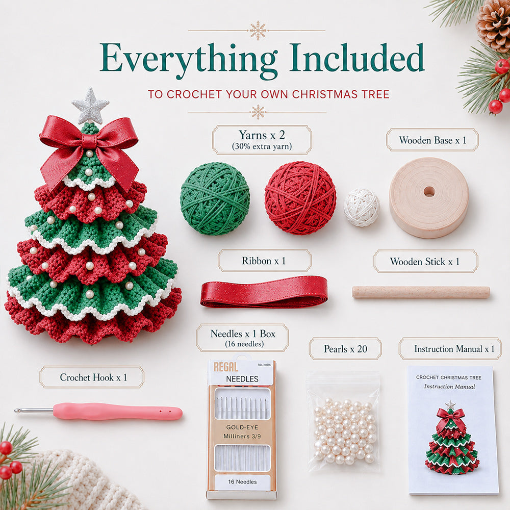 Everything included in the DIY Crochet Christmas Tree Kit including yarn, crochet hook, needles, pearls, ribbon, wooden base and instructions