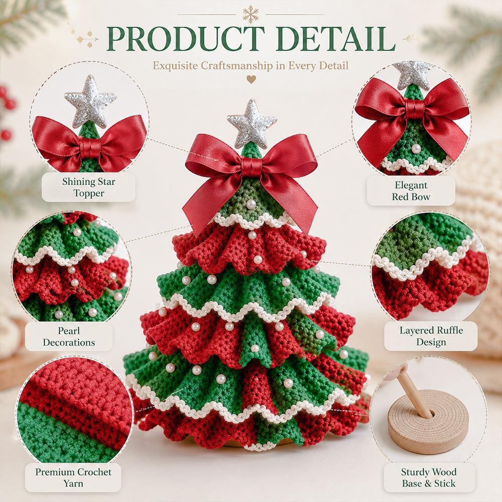 Close-up details of the crochet Christmas tree including layered ruffles, pearl decorations, star topper, bow and crochet texture