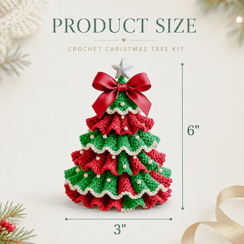DIY Crochet Christmas Tree Kit finished size measuring approximately 6 inches tall and 3 inches wide