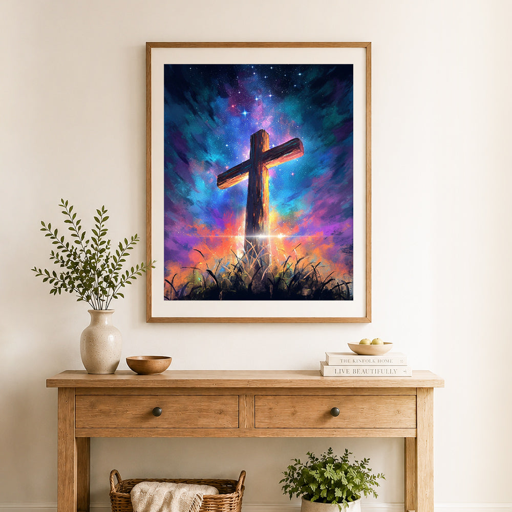 Finished cross of cosmic wood cross stitch artwork displayed as home decor