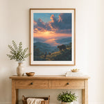 Finished bears watching sunrise over misty mountains cross stitch artwork displayed as home decor