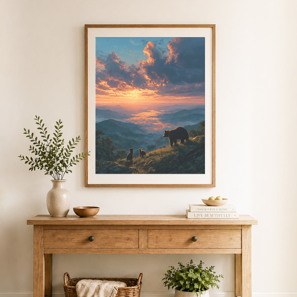 Finished bears watching sunrise over misty mountains cross stitch artwork displayed as home decor