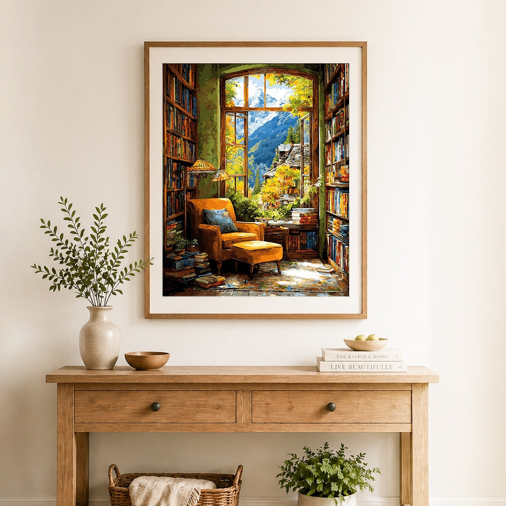 Finished cozy library with mountain view cross stitch artwork displayed as home decor