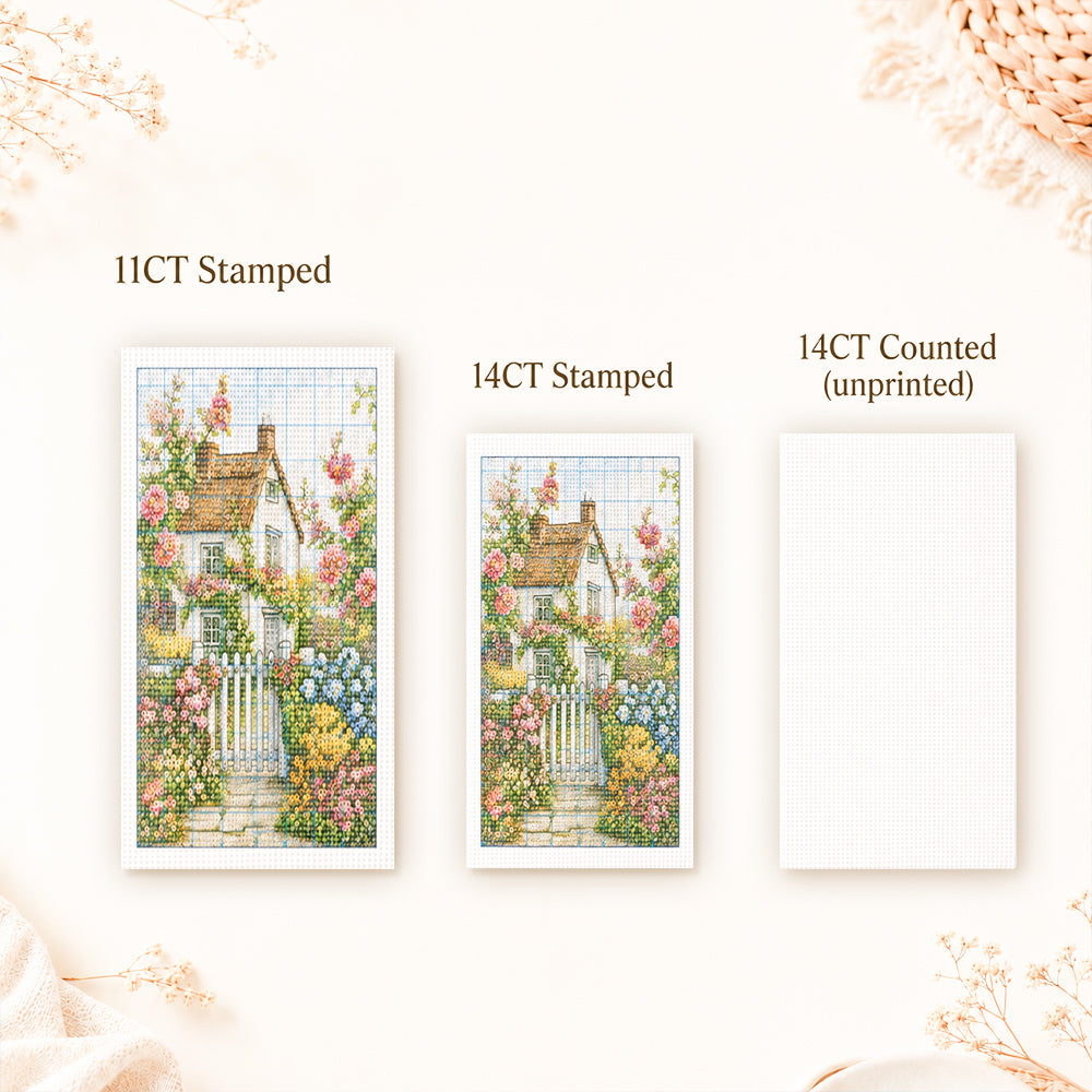 Cross stitch kit size options with 11CT stamped, 14CT stamped and 14CT counted canvas