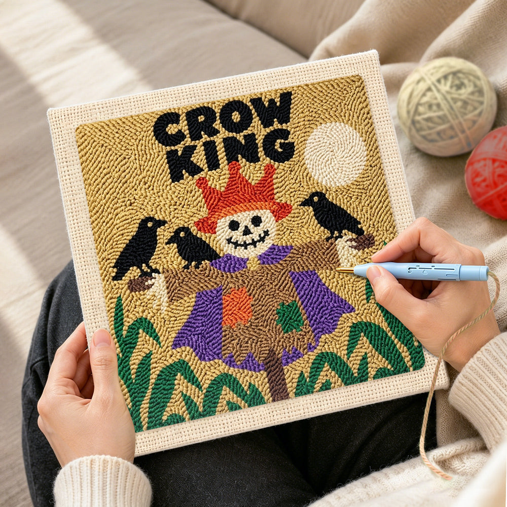 Creating handmade crow king scarecrow punch needle artwork