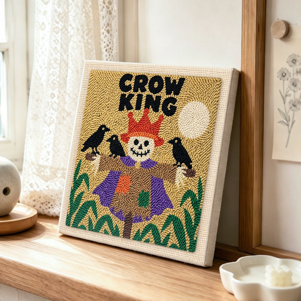 Crow king scarecrow punch needle artwork displayed on a table