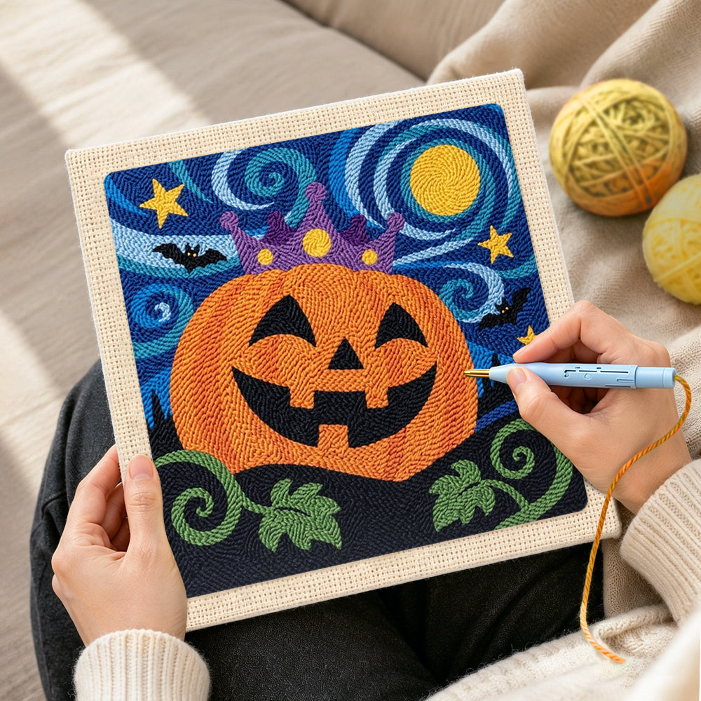 Creating handmade crown pumpkin in starry night punch needle artwork