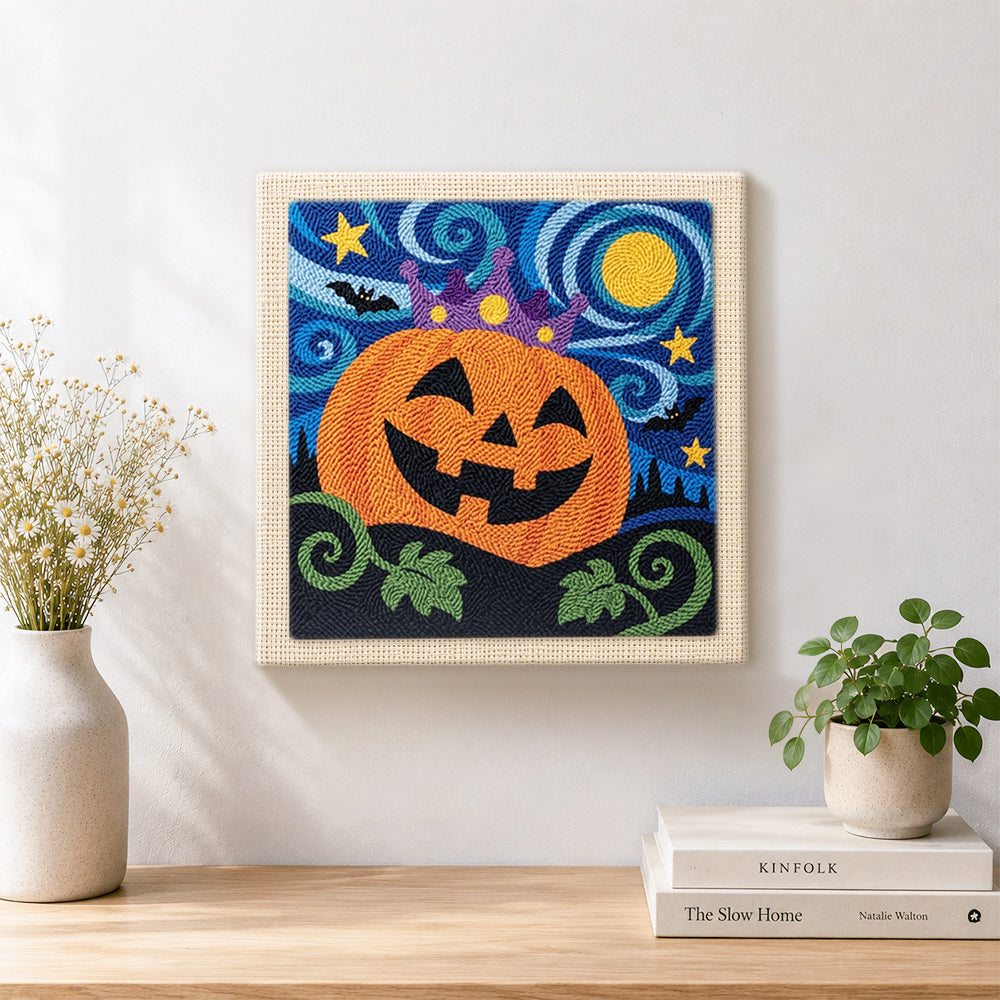 Finished crown pumpkin in starry night artwork displayed on a wall