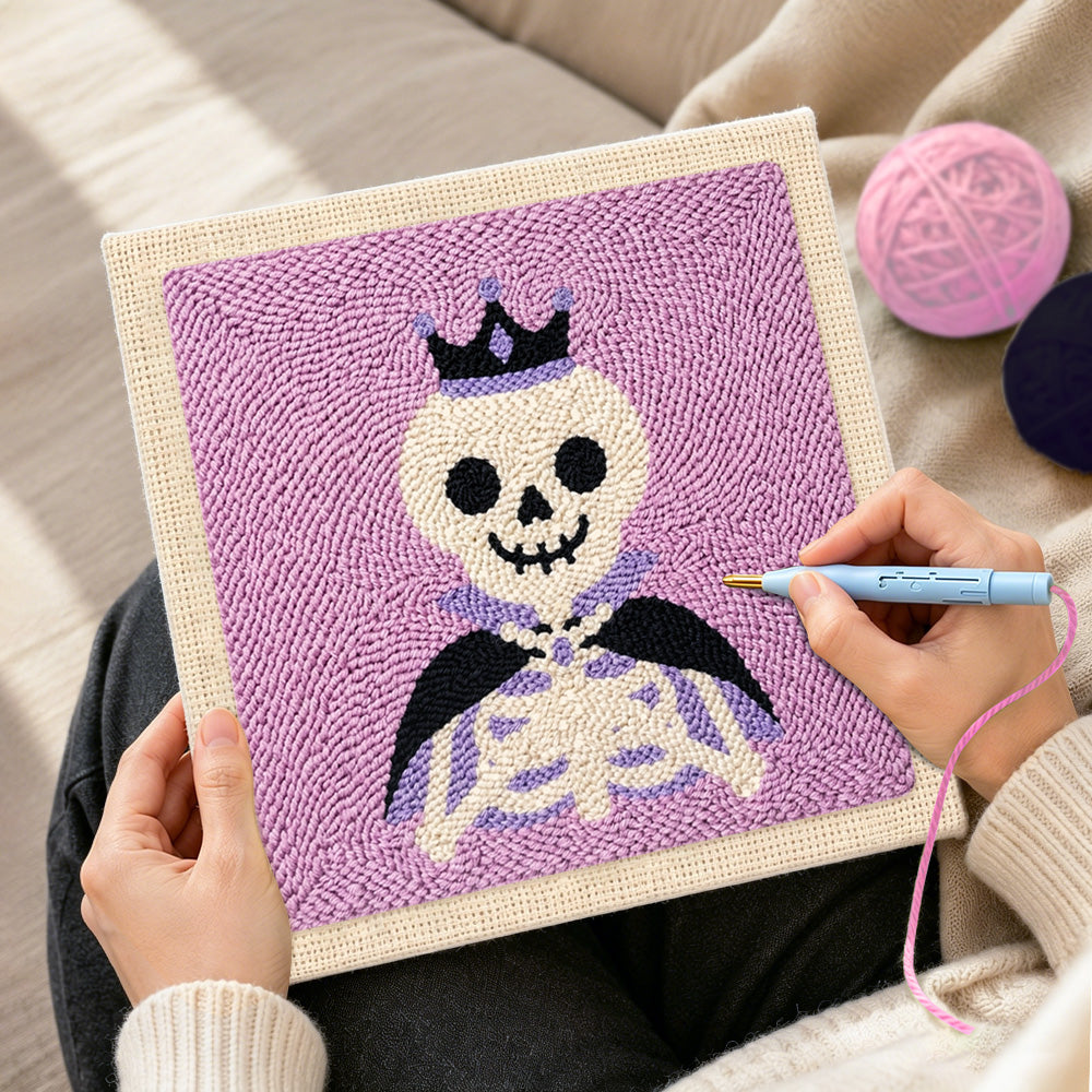 Creating handmade crown skeleton punch needle artwork