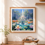 Finished crystal fountain and blooming lotus cross stitch artwork displayed as home decor