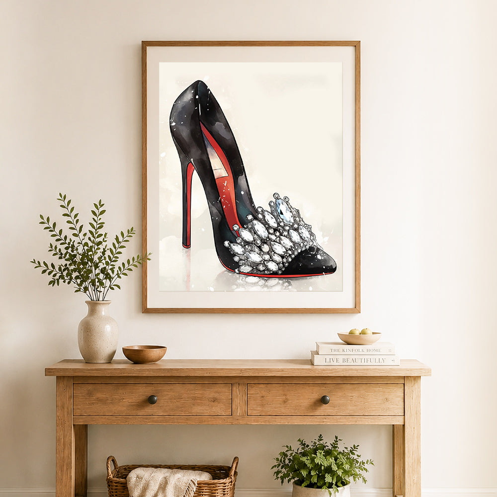 Finished crystal high heel art cross stitch artwork displayed as home decor