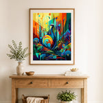 Finished cubist jungle peacock cross stitch artwork displayed as home decor