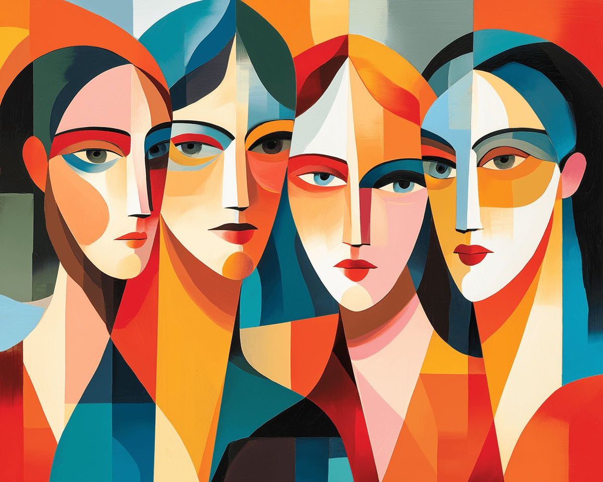 Cubist portrait of four women cross stitch kit for beginners