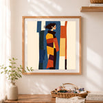 Finished cubist style woman portrait cross stitch artwork displayed as home decor