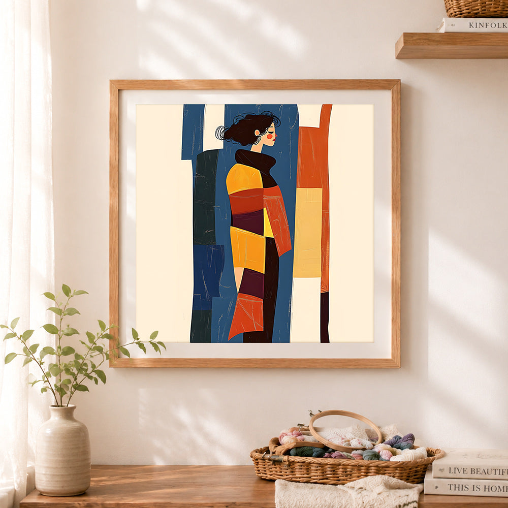 Finished cubist style woman portrait cross stitch artwork displayed as home decor