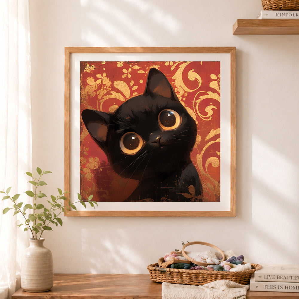 Finished curious black cat cross stitch artwork displayed as home decor