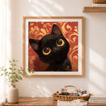 Finished curious black cat cross stitch artwork displayed as home decor