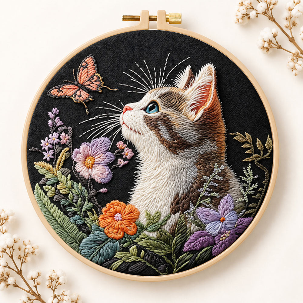 Curious cat and pink butterfly embroidery kit