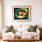Finished curled sleeping fox cross stitch artwork displayed as home decor
