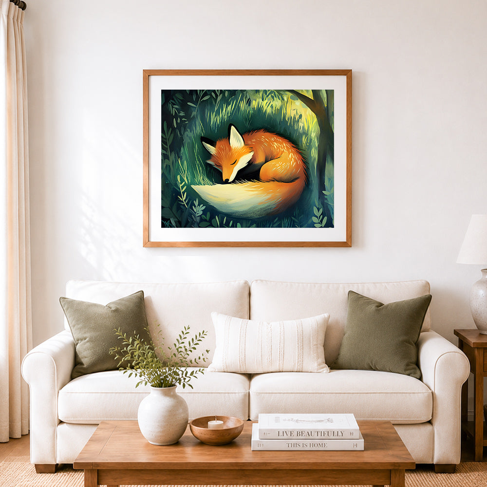 Finished curled sleeping fox cross stitch artwork displayed as home decor