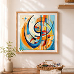 Finished curved abstract composition cross stitch artwork displayed as home decor