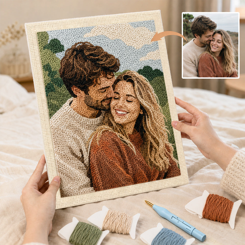 Custom couple photo punch needle kit with personalised portrait artwork, yarn colors and DIY craft tools
