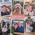 Buyers show collage of custom diamond painting artworks made from pets, couples, family and wedding photos