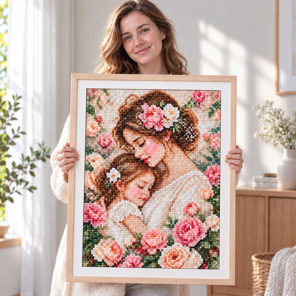 Framed custom diamond painting artwork made from a mother and child photo