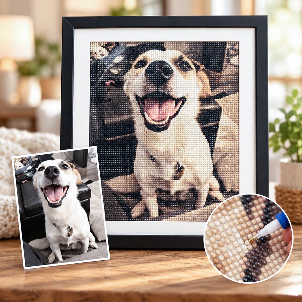 Framed custom diamond painting pet portrait with original dog photo and close-up drill detail